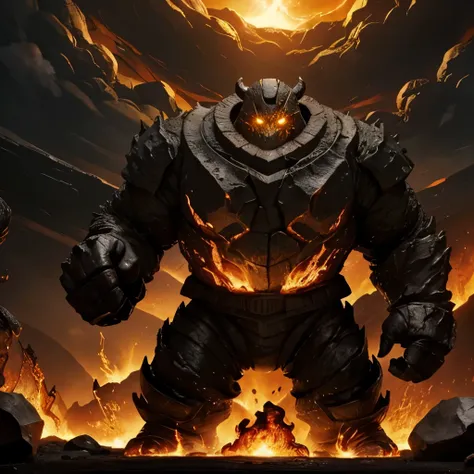 A terrifying golem made of molten lava and charred rock, standing amidst a scorched wasteland. Streams of lava flow from its glowing, molten core, and its enormous fists radiate intense heat. The sky above is darkened with ash, and the air shimmers with th...