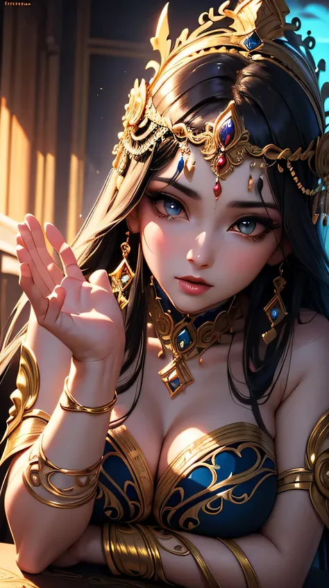 Mysterious goddess, woman in her 20s, beautiful large detailed eyes, beautiful detailed lips, mysterious and graceful pose, floating in a surrealistic landscape, glowing aura, ornate headdress, flowing robes, dramatic lighting, vibrant colors, (top quality...