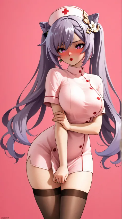 best quality, illustrator anime, style retro classic, keqing from genshin impact, purple hair, purple eyes, blushing, Shy, Red lips, big breasts, best quality, masterpiece, detailed, vintage, elegant, sophisticated, big expressive eyes, ulzzang, Slender, s...