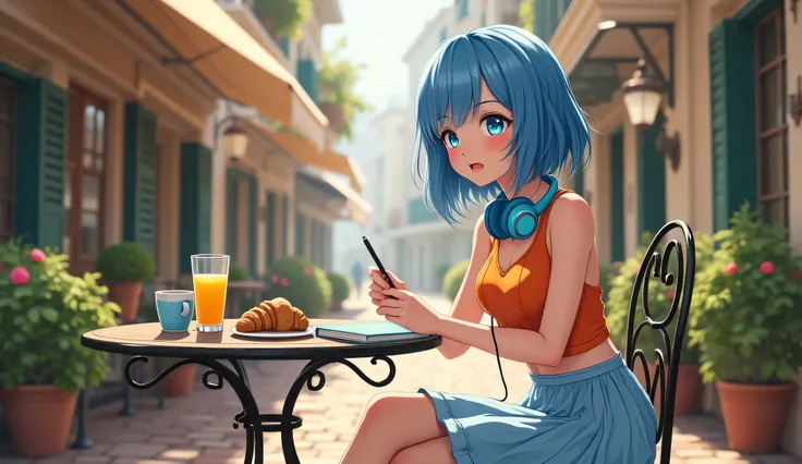 
 Here is the updated setting :

 A young 18-year-old anime character, with radiant medium blue hair (#549ed9),  hair cut at shoulder length and styled with elongated tips in the front (beak style ),  highlights her modern and captivating look while seated...