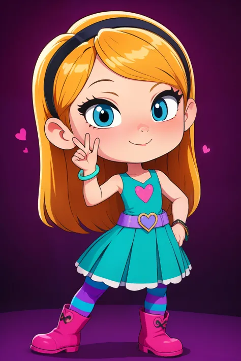 1girl, full body, solo, penny peterson, long hair, blue eyes, 3d, glowing blonde hair, skirt, pleated skirt, hairband, black hairband, dress, teal dress, white trimmings under her skirt, heart shaped lavender belt, blue and pink striped pantyhose, pink boo...