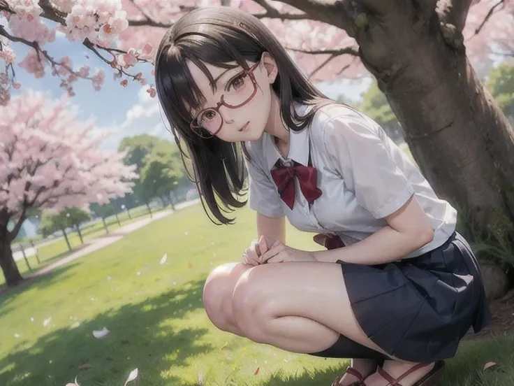 anime girl with glasses and a skirt on posing in front of a cherry tree, beautiful alluring anime , beautiful anime girl squatting, sakura petals around her, beautiful anime high school girl, close up iwakura lain, the anime girl is crouching, seductive an...