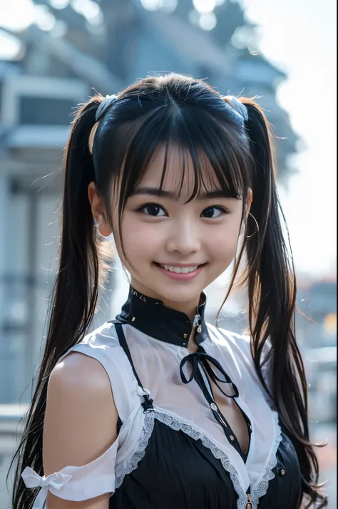 （8k、Raw  photosy、最 High Quality 、Masterpiece：1.2),( black hair、Dark Eyes:1.9),( twin tails:1.3)、  Viewer, front view,(:1.4)、( Thin Waist:1.6)、(Clothes that accentuate the bust line:1.4)、(Big Bust :1.2)、  slender body 、  super high resolution, beautiful, be...