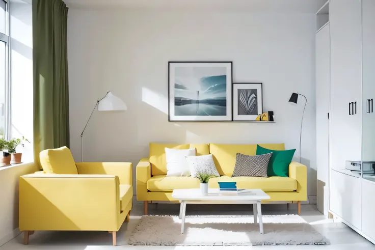  There is 1 framed picture on the wall above the yellow sofa,  screenshot inspired by INO, Pexels, GREEN AND WHITE COLOR SCHEME , White wall, BRIGHT MODERN STYLE ,  detailed and bright ,  INTERIOR DESIGN DETAILS  ,  is placed in the living room ,  , Bright...