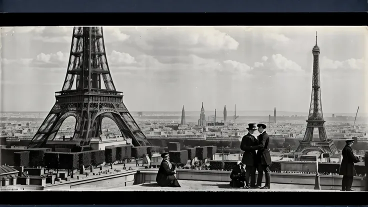 building of the eiffel tower, paris, circa 1888, vintage b&w photography, 