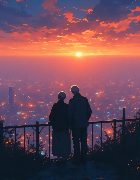 My heart burns red, my words are stolen from me by the sunset. The time I spent standing there is equal to the depth of my feelings. Under the sunset, an elderly couple, leaning on a fence overlooking the city. Both of them look at the camera and neither o...