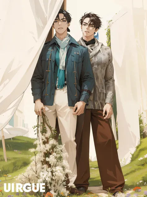 ( absurd, Altas, ultra detailed), 1 man, adult, goodlooking,  hairless face, tall and muscular. Two tall adults holding scenery, flowers, white scarf. Keeping the face o keeping the face faithful. High resolution image. two actors.