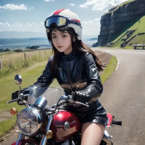 (A young female rider speeds along on a motorcycle)、Vintage Bikes、Bluff Superior SS100、Isle of Man Races、Leather jumper、Cromwell helmet with goggles、After the Rain、English countryside、(Highest quality, masterpiece, High resolution)、8k、wallpaper,masterpiece...