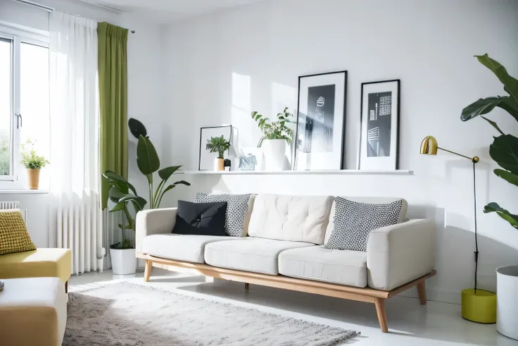 There is only one framed picture on the wall above the sofa,  screenshot inspired by INO, Pexels, GREEN AND WHITE COLOR SCHEME , White wall, BRIGHT MODERN STYLE ,  detailed and bright ,  INTERIOR DESIGN DETAILS  ,  is placed in the living room ,  , Bright ...