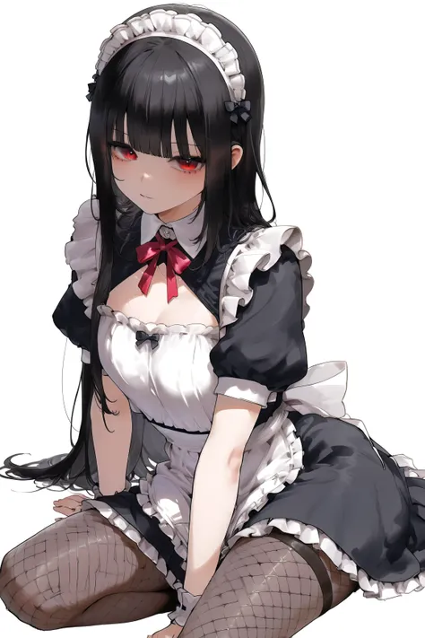  troubled face、 long black hair、 red eyes、 maid clothes、dark fishnet tights、 no background、Background white、D Cup