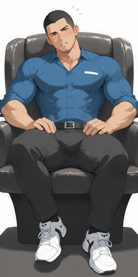 anime characters：Gyee, whole body, Buzz Cut, In a clean and tidy bedroom, Sit on an upscale sofa massage chair, The top is all meat pads, It has lots of milky white mucus on it, He grits his teeth, He wears a fancy suit and pants, Very tall, Muscle Sports ...