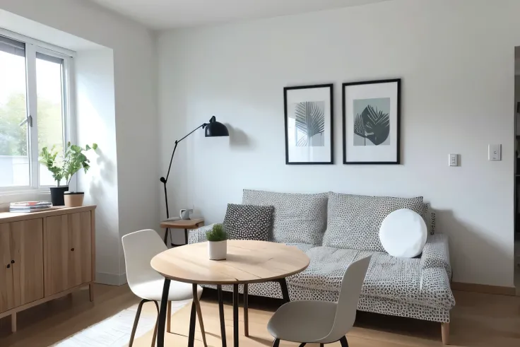 Close up of the white wall and only one black picture frame, White wall,  table and chairs are wooden ,Round table,　Room with bright natural light ,  is placed in the living room ,  , Bright sunlight indoor photo,  white sofa with polka dot cushions ,IKEA ...