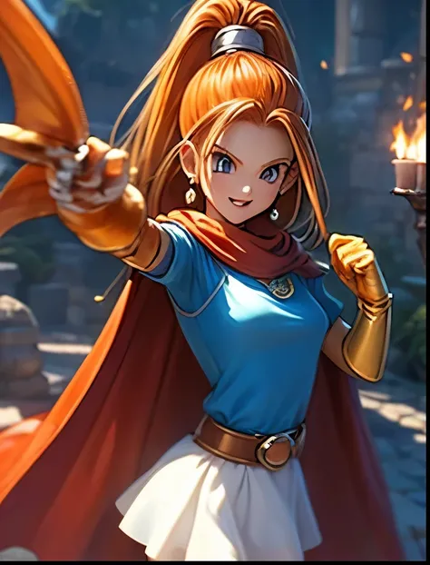 (((SFW、Accuracy、Highest quality、 A first-class masterpiece 、 Normal body 、8k、 detailed face 、 super precision 、 Normal Hands 、5 fingers、Highest)))、" DRAGON QUEST"、Barbara、 orange hair、 short、 slender、 slim、blue miniskirt dress、Cape、A gentle, gentle sm...