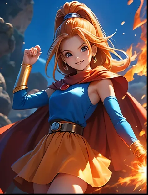 (((SFW、Accuracy、Highest quality、 A first-class masterpiece 、 Normal body 、8k、 detailed face 、 super precision 、 Normal Hands 、5 fingers、Highest)))、" DRAGON QUEST"、Barbara、 orange hair、blue miniskirt dress、Red Cape、A gentle smile、Fire Magic