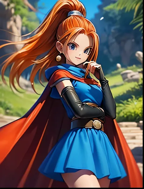(((SFW、Accuracy、Highest quality、 A first-class masterpiece 、 Normal body 、8k、 detailed face 、 super precision 、 Normal Hands 、5 fingers、Highest)))、" DRAGON QUEST"、Barbara、 orange hair、 short、 slender、 slim、blue miniskirt dress、Cape、Soft gentle smile 、...