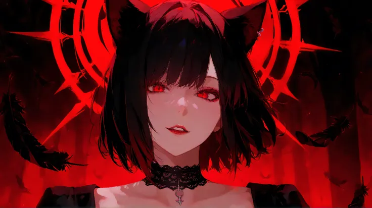 cat ears,Anime-style, close-up portrait, female protagonist, gothic fashion, dark fantasy, pale flawless skin, crimson red eyes with intense gaze, long flowing black hair framing her face, intricate lace choker with gothic details, subtle makeup with dark ...