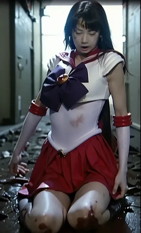     Sailor Mars,     who lost a battle with a strong enemy and was killed     ,   がOn the ground仰向けに横たわっています ,      I spread my hands straight to the left and right    , Bloodstain,     stains, Ryona,     stainsやBloodstainが付着している, nsfw,    clothes torn and...