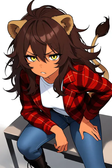 Solo, female, long hair, messy hair, dark brown hair, lion ears, lion tail, caramel skin, yellow eyes, annoyed expression, red flannel jacket, jeans, white shirt, boots,