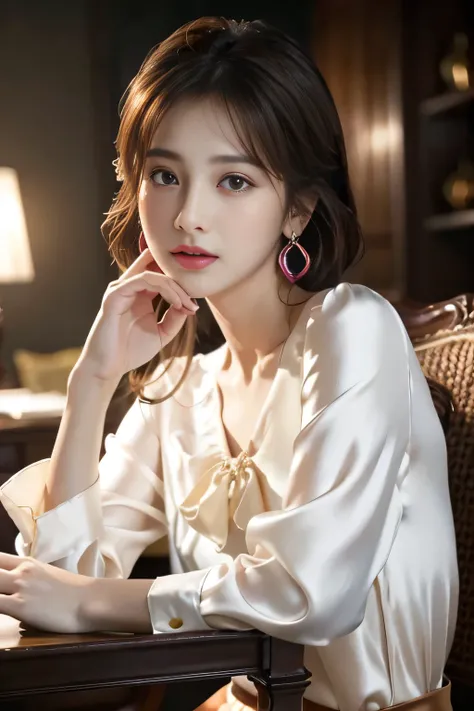 masterpiece、  best quality 、  real  、 Trendy and very detailed  、  Fine Details  、  high resolution 、 8K wallpaper 、 Two beautiful twin women  、  wear a colorful silk blouse 、  I only have 5 fingers  、 At night 、  light brown disheveled hair 、  perfect dyn...