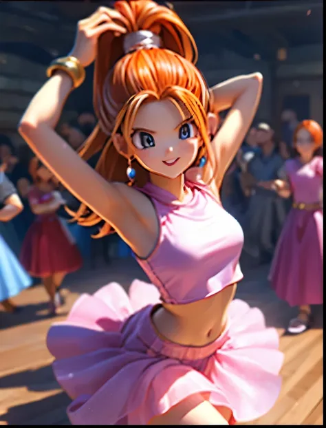 (((SFW、Accuracy、Highest quality、 A first-class masterpiece 、 Normal body 、8k、 detailed face 、 super precision 、 Normal Hands 、5 fingers、Highest、3d)))、" DRAGON QUEST"、Barbara、 orange hair、 short、 slender、 slim、 dancer clothes、Navel exposed、Pareo、Confus...