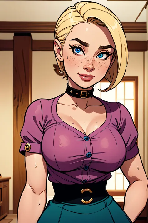 ( absurd, HD , ultra detailed, be careful with your hand ) Close up of a thin and athletic woman, 25 years, 8k (( high definition )), beautiful smile, seductive look, blue eyes, nose fine, pink shirt (( with buttons, short sleeves and Italian collar ...
