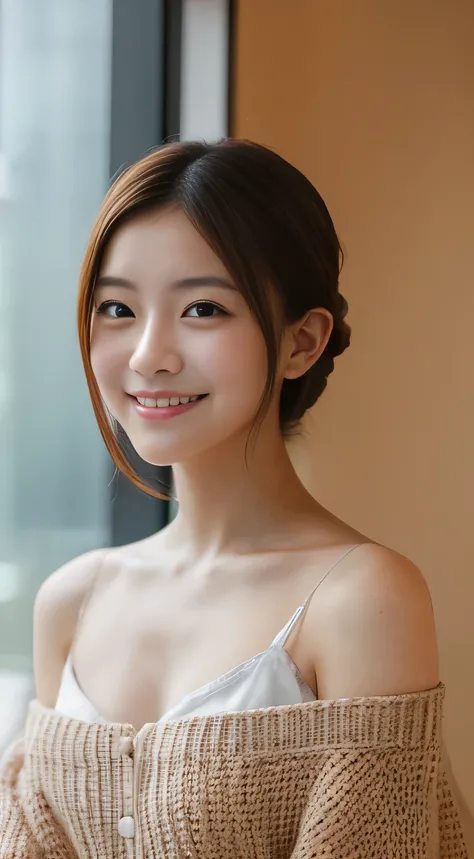 masterpiece,best quality,(Japanese girl),((Beautiful girl)),cleavage,(off shoulder:1.2),(perfect body beauty:1.2),(shy smile),From slightly above