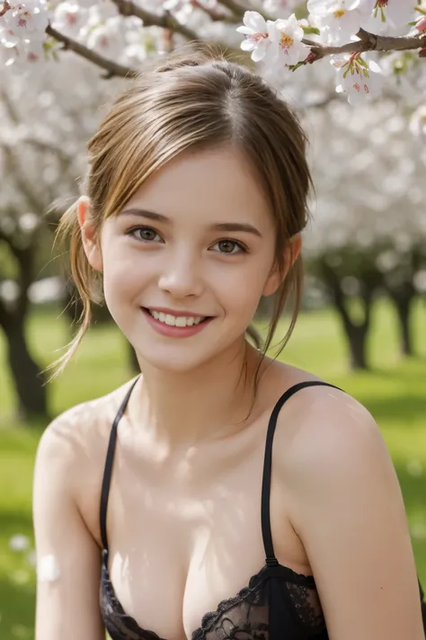 Masterpiece, Best quality, 8k, 18 ans, Photo brute, absurdes, Award-winning portrait, sourire, sourire, pure, french,spring, orchard in bloom, famous singer, cute, fit, healthy, lovely, posing, pony tail, lingerie, sexy pose, happy smile