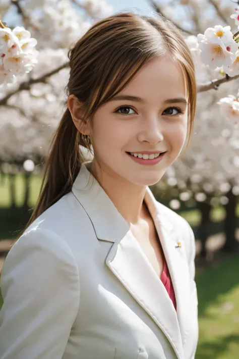 Masterpiece, Best quality, 8k, 18 ans, Photo brute, absurdes, Award-winning portrait, sourire, sourire, pure, french,spring, orchard in bloom, famous singer, cute, fit, healthy, lovely, posing, pony tail, blazer, sexy pose, happy smile