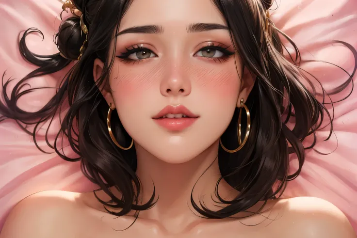 Sexy Woman, Smokey Eyes, Eyeliner, Blushing Intensely, Fairest Skin, Plump Face, Soft Lips, Gold Blouse, Lying On Bed, High Resolution, Accurate, Anatomically Correct, Best Quality, High Details, High Quality, Super Detailed, Textured Skin, Black Hair, Hai...