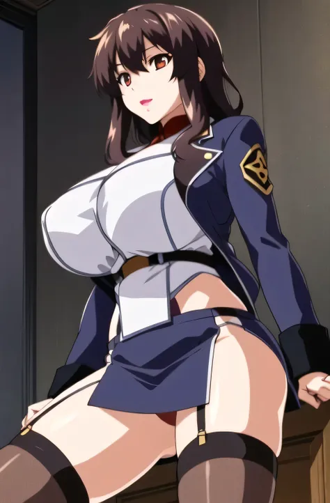   big boobs in clothes， angle  ，     miniskirt からガーターベルト付の    black underwearが見える ，      miniskirt ，（（  Whether it's a slim waist 、     black garter belt and high stockings        ））      jacket without open collar       ，  big breasted can be seen through...