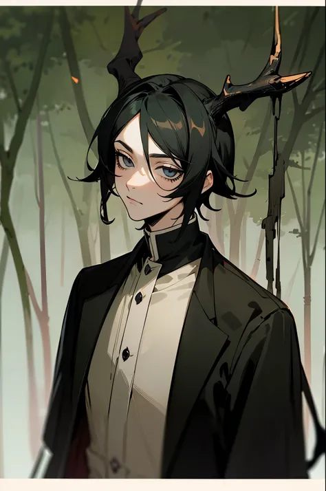 anime style, tall, man, black hair, completely dark clothing, gray mascara in tdoa the dear, forest background in ashes
