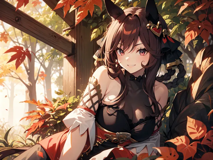 A woman in a Japanese-style ninja outfit is lying face down and smiling. A beautiful girl with horse ears and a heart-shaped hair ornament. On a bed in a forest of autumn leaves. A strong wind blows her long hair. A high-definition masterpiece of normal bo...