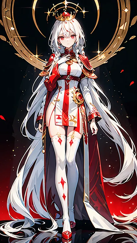 Anime woman, goddess. Long white hair, straight sharp hair. Single braid trailing down from left side. Single fringe between her eyes, trailing to right side of face. Crimson eyes, detailed eyes, long eyelashes. Long-sleeved white long knee-length dress. w...