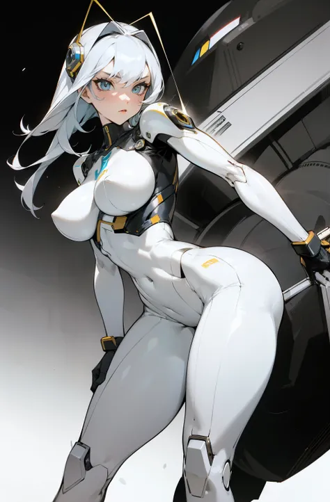 Robot tall slender but curvy cyborg girl, her body is shapely and sexually satisfying but her skin is made of shiny segmented metal, her eyes are beautiful and intense and glow with artificial light,  her metal breasts are large and heavy saggy clingy, her...