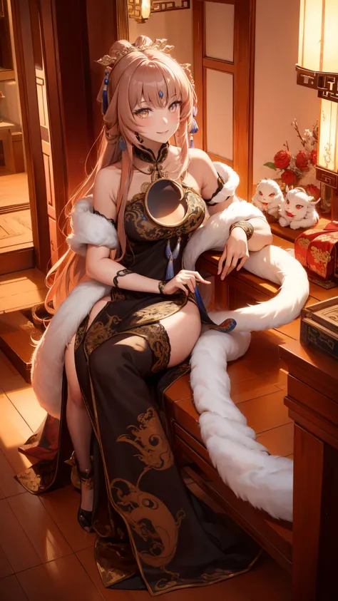     pretty woman,     Chestnut hair    ,      pretty eyes ,    Smile,  Actual , Full HD,    very beautiful dress  ， Fluffy Dress  ， Curved Body，Magnificent views ， gorgeous decoration ，Long gown，中国发髻，Year of the Snake Theme，snake print ，snake pattern， drag...