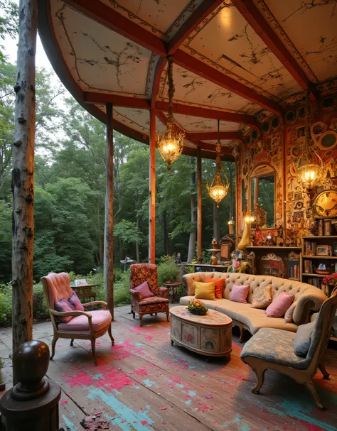 punk、 Living Room Like a Merry-Go-Round with Art Nouveau Decor、  Old Cracked Artistic Dirty Living Room 、Stained 、 Dried Flowers 、There are a lot of flowers、 white red pink yellow 、 colorful、 in the woods、  photos、  in ultra high quality、 Evening Scenery、