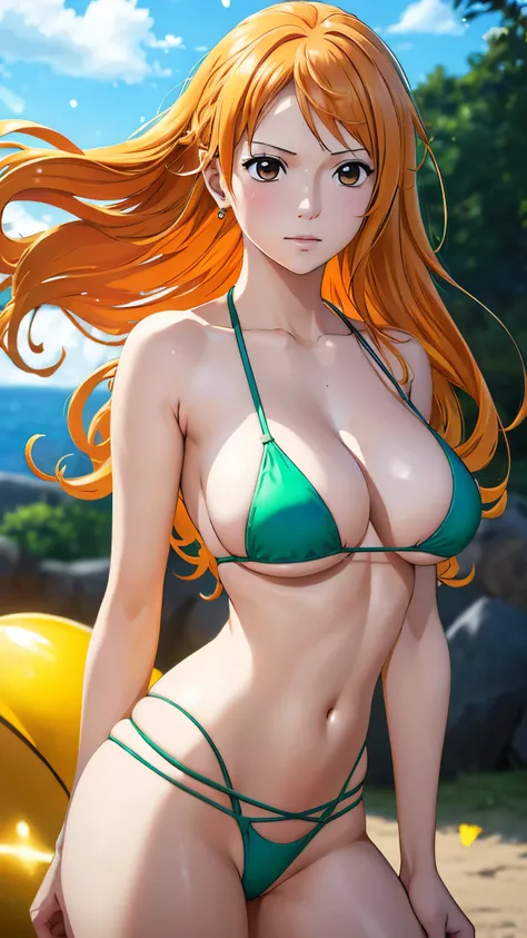  Nami in One Piece,very light orange  yellowish haired girl,Beautiful brown eyes, blush,The , big breasts,Blushing、With her hair flying .  She must be wearing a black party bikini and transparent leggings. The art style must resemble a glamorous anime styl...