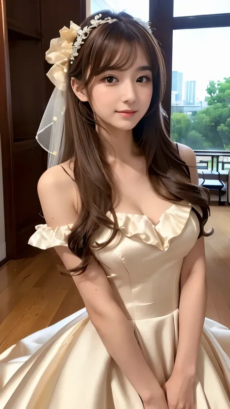 (((Top Quality))), (((Masterpiece))), (((Details))), tall, looking at camera, face-to-face, gold silk satin ruffle girly empire length wedding dress, hands thrust forward, Japanese, brown hair, long hair, gorgeous room,. Gorgeous ribbon hair accessory,. Pe...