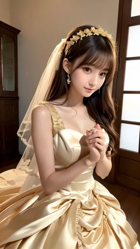 (((Top Quality))), (((Masterpiece))), (((Details))), tall, looking at camera, face-to-face, gold silk satin ruffle girly empire length wedding dress, hands thrust forward, Japanese, brown hair, long hair, gorgeous room,. Gorgeous ribbon hair accessory,. Pe...