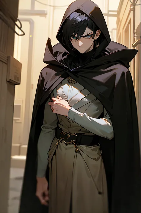 (Character Description: A 19-year-old youth with a lightly defined face, black hair, and eyes. Sporting a stern and questioning expression, with piercing gaze. Clad in black attire, including a long black cape with a hood, currently hanging off his shoulde...