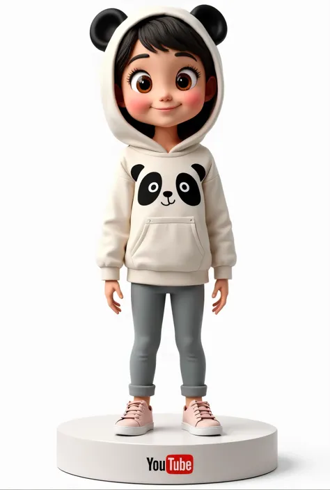 A full-body standing girl wearing a panda sweatshirt over a white t-shirt.  She has big, expressive brown eyes and a cheerful smile . Below is a white circular podium with the logo and the words from YouTube. No background only png.