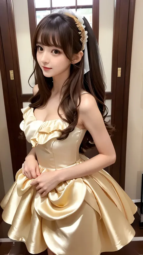 (((Top Quality))), (((Masterpiece))), (((Details))), tall, looking at camera, face-to-face, gold silk satin ruffle girly empire length wedding dress, hands thrust forward, Japanese, brown hair, long hair, gorgeous room,. Gorgeous ribbon hair accessory,. Pe...