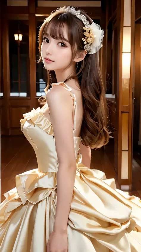 (((Top Quality))), (((Masterpiece))), (((Details))), tall, looking at camera, face-to-face, gold silk satin ruffle girly empire length wedding dress, hands thrust forward, Japanese, brown hair, long hair, gorgeous room,. Gorgeous ribbon hair accessory,. Pe...