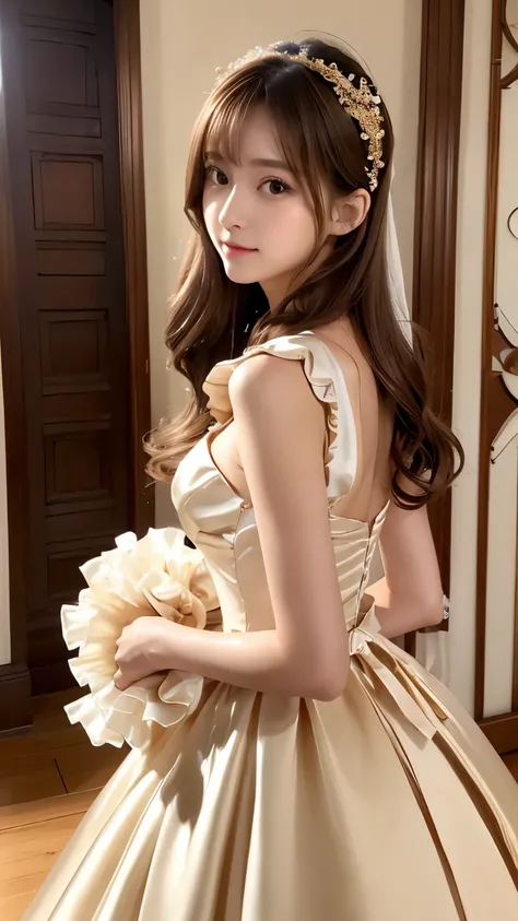 (((Top Quality))), (((Masterpiece))), (((Details))), tall, looking at camera, face-to-face, gold silk satin ruffle girly empire length wedding dress, hands thrust forward, Japanese, brown hair, long hair, gorgeous room,. Gorgeous ribbon hair accessory,. Pe...