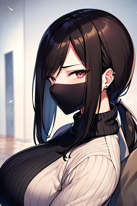 A highly detailed portrait of a young female yakuza member in casual, cheerful clothing. She has short, dark brown hair and piercing, emotionless black eyes. Her face is partially covered by a sleek black mask that hides burn scars, prominently featured as...