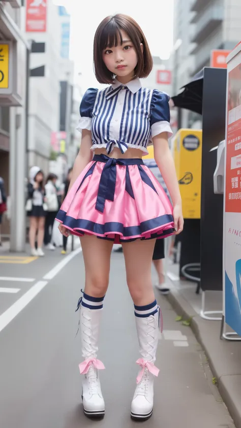  wear a costume like an idol , Blue and white short sleeve jacket ,  pink satin ruffle blouse ,  white and pink striped pleated skirt,  white lace up boots 