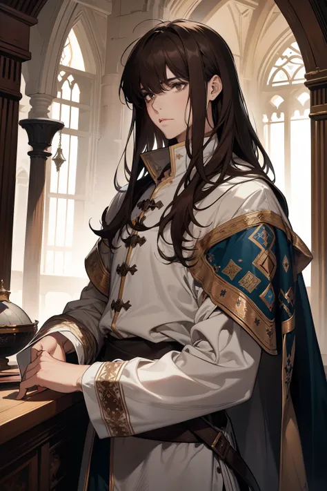 1 man, AS-Adult, Messy dark brown hair and bangs, Principle,  White clothes, beautiful, dispassionate, The beautiful, Condescending, weight loss, in a castle,  MEDIEVAL FANTASY 