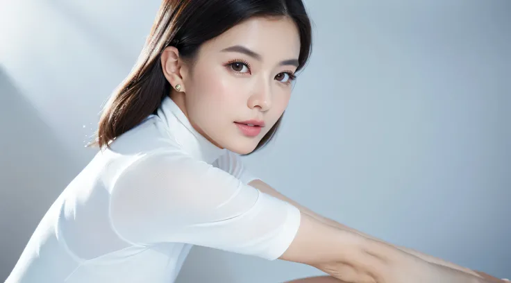 ((best quality, 8k, masterpiece:1.3, detailed face)),sharp focus:1.2, 1girl ,OVAL FACE , Beautiful lady with Perfect Figure:1.4, Vivid, white color turtleneck and skirt, black hair,studio background,waist up,
