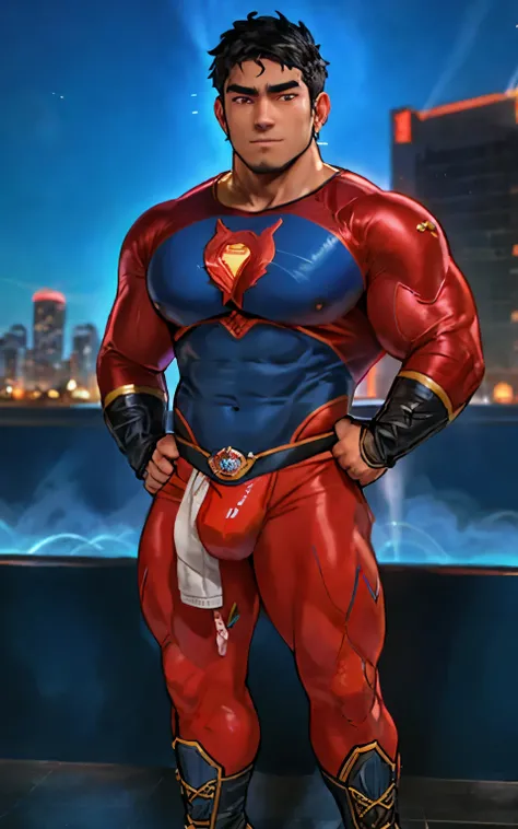 Soccer club boy with muscular muscles after taking a bath, Japanese and Southeast Asian faces, dark skin, shibeyuuji, hairy chests,  as Superboy, ((short hair)), Bodybuilder:1.3, (wearing tight blue and red superhero costume:1.3), (Matching boots), standin...