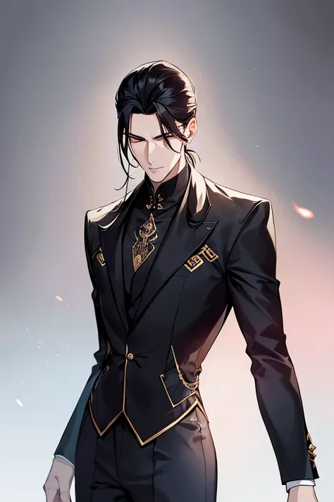 A highly detailed portrait of a tall, slender, and androgynously beautiful male bodyguard with long, silky black hair tied loosely at the back. His sharp, almond-shaped black eyes exude calm intensity and quiet menace. His pale, flawless skin contrasts wit...